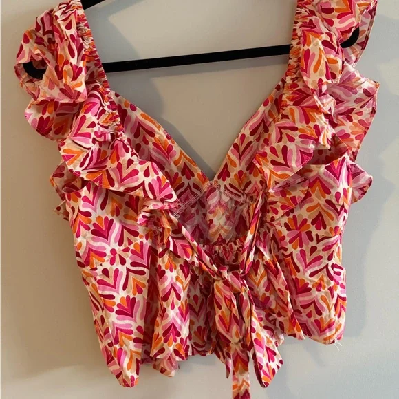 EASTER / SPRING TOP 💐PINK Lily Patterned Ruffle tie back babydoll Blouse - Picture 5 of 6